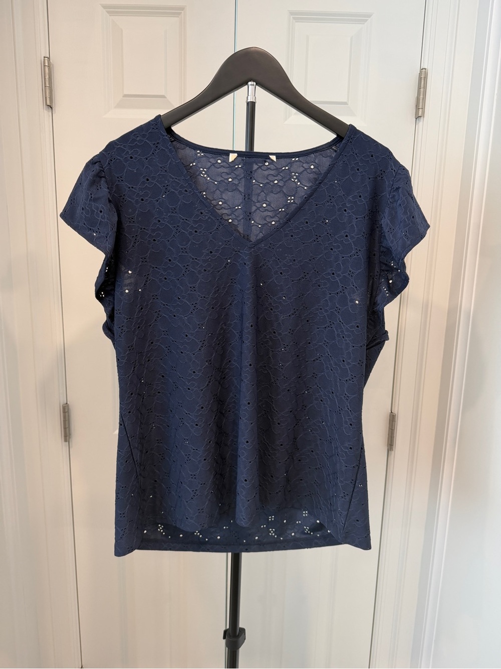 Michael Kors Navy Eyelet V-Neck Blouse